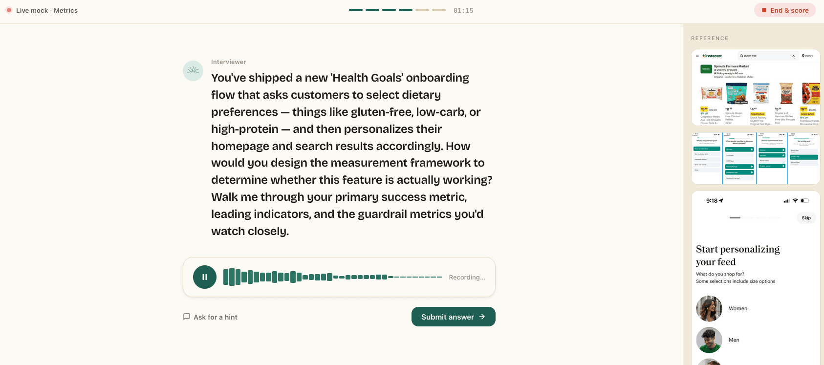 Sensely session showing Instacart product in the reference panel